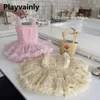 Mädchenkleider koreanische Sommer -Sommer -Mädchen Tutu Kleid rosa quadratische Kragen ärmellose Schlinge Mesh Prinzessin Party Süße Kinder Kleidung EX205 H240507