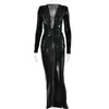 Robes décontractées Edglulu Deep V-Colk Manches longues 2024 Fashion High Taies Plats serrés robe divisée sexy Black Blue en cuir robe 0316