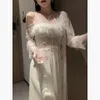 Women's Sleep Lounge Women Solid Color Sexy 2 Pieces Gown Set Female Feather Lingerie Lace Hollow Out Nightdress Ladies Lace Trim Mesh Robe Gown Set