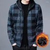 Men's Jackets All Match Knitted Plaid Hooded Cardigan Jacket Casual Warm Slightly Stretch Zip Up Coat For Fall Winter