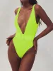 Pakken 2024 Deep V Neon High Cut Women Swimwear One Piece Swimsuit Vrouw met tailleband Monokini High Taille Bathing Suit Swim Bodysuit