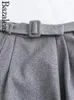 Rokken 2024 Bazaleas Store Officiële midi -rok met riem Fashion High Taille Pleated Elegant Gray For Women