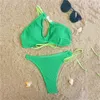 Bikini de maillots de bain féminin ensemble Sexy Green String Hollow Out Femmes ridées Béle de maillot de bain haute