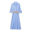 カジュアルドレス2024ブルーシャツドレスウーマンベルトストライプの女性のための長い袖の夏エレガントシック