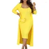 Ethnic Clothing 2024 African Dresses For Women Autumn Sleeveless Polyester Yellow White Red Black Dress With Long Coat Clothes