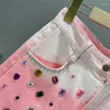 Damen Jeans-Absolventen rosa Weitbein-Denim-Shorts Frauen Sommertuch hoher Taille glänzender Strasshosen 2024 Jüngere Straße