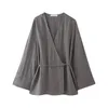 Women's Blouses 2024 Woman Chic V-Neck Asymmetric Laced Up Long Sleeves Casual Blouse Top Women Gray Kimono Style Loose Shirt