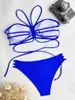 Women's Swimwear Push Up Bikini For Women 2024 Solid Blue Halter Pleate Criss Cross Micro Swimsuit Bathing Suit Hollow Out Thong Bikinis