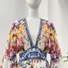 Casual Dresses Silk Summer 2024 White And Blue Porcelain Flowers Print Long Sleeve Diamonds Pressed V-Neck Midi For Women