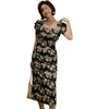 Festklänningar hepburn stil märke deisnger vintage klänning kvinna kort ärm korsett retro tryck blommiga damer svarta kvinnor sommar