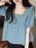 Kadınlar bluz gömlekleri zanzea retro kare yaka kesim üst Koreli kadın kot gömlek Sevgiliye pileli kısa kollu gömlek 2024 Yaz Piled Bluel2405