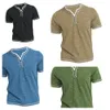 Mens Plain Henley Shirt Round Neck T-shirt Summer Bekväm bomullsmode Kort ärm Casual Street Wear Sports Top Basic 240506