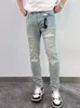 Men's Jeans Mens cardigan jeans casual stretch jeans high street ultra-thin fit light blue hip-hop jeans street clothing mens TrousersL2405