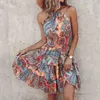 Casual Dresses Elegant Bohemian Halter Mini Dress For Women Fashion Sleeveless Backless Ruched Loose 2024 Sexy Party Streetwear