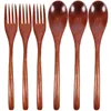 Juegos de vajillas 6 PCS Spoon de madera y horquilla de dos piezas con mango largo Portable sólido Vedina para adultos Cucharabia Utensilios para comer