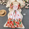 Yuoomuoo Fashion Summer Print Flower Dress Women Women Vintage Square Neck Shrad Cuggine Bandage Bandeding Party Vestidos 240424