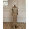 Syrenka Wspaniałe cekiny Złote Even Even Crystal długie rękawy Formalne imprezowe sukienki na bal