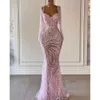 Różowa syrenka Prom długie rękawy v szyja 3D koronkowe puste seksowne aplikacje błyszczące cekiny z koralikami długość podłogi celebrytów sukienki wieczorowe plus size na zamówienie 0431