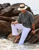 Chemises décontractées masculines 2024 chemise en vrac en coton en lin en linge extérieure Polo plage de cou longue à manches longues