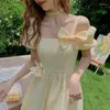 Sukienki imprezowe Słodka bownot mini sukienka lato 2024 Japonia koreańska urocza student Lantern Suknia balowa dama wdzięczna żółta