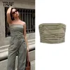 Kvinnors tankar Stropplösa toppkvinnor Army Green Off Shoulder Crop Tops Pleated Corset Female Summer Sleeveless Backless Tank