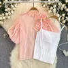 Arbeitskleider Frauen-Sommerhemd Camisole 2-Stück-Sets dreidimensional Blumenpuffhülsen Chiffon Blusen Spaghetti-Gurtweste Anzüge