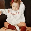 Rompers New Spring Autumn Baby Girl Sweet Bodysuit White/Brown Embroidery Agaric Edge Collar Puff Sleeve Jumpsuit Newborn Clothes H240507