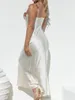Casual Dresses Women Sleeveless Backless Satin Long Dress Floral Shoulder Strap Bodycon Maxi Sexy Low-Cut Slim Fitted