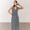 Arbetsklänningar 2024 Spring Grey kjol kostym Feminin arbetsplats Vest Long Slitskorts Tvådelar Franska kvinnokläder klänning set Lady Matching