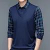 Spring Autumn Mens Pullover Collar Collier Panneau à plaid solide Tshirt à manches longues rayées Polo Bottom Casual Formal Tops 240429