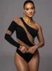 Sifreyr jedno ramię siatka Sheer Bodysuit for Women Patchwork Fashion Sexy Y2K Body Tops High Schort Club Party Elegancki Romper 240423