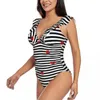 Frauen Badebekleidung Sexy One Piece Badeanzug Push Up Red Ladybugs auf Streifen Frauen Rüschen Monokini Bodysuit Badeanzug