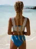 Women's Swimwear In-X Crochet Bikinis Swimsuit Blue Bathing Suit High Waist Patchwork Bandeau Bikini Push Up 2024 Woman Beach Wear