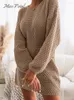 Camisolas femininas Miss Petal Honeycomb Vestido de suéter marrom mulher casual manga longa 2024 Pulloves de inverno de outono