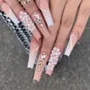 False Nails 24st Wearable Press On Nails Long Coffin Ballet False Nails Gradient White Flower Design Fake Nails With Rhinestone Nail Tips T240507