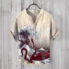 Herrpolos New Wave Print V-ringning Kort ärmskjorta Valutar Trading Fashion Casual Loose T-Shirt Bambu Linen Shirt Topl2405