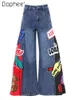 Street Style Graffiti Patch jeans perline per le donne con paillettes ramati di grandi dimensioni widolleg widleleg 240419