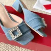 Carré Crystal Backle Mule Femmes Designer Sandales Blue Denim Mules Slide Slippers 4,5 cm Brock Talons Slip Chaussures Summer Beach Splipper Fashion Luxury Bijoux Sandale