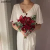 Fiori del matrimonio Janevini Vintage Europeo rosso Bridesmaid Bruquet Bruchetti artificiali Eucalipto Rosia di seta Bouquet Mariage Fleur Mariage