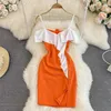 Casual Dresses Korean Fashion Grils Sexig färg Patchwork Off Axel Sling Dress for Women Lotus Leaf Side BodyCon Short Orange Pink