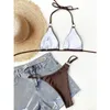 Kvinnors badkläder 2024 Solid Color Swimsuit Women 2 Piece Bikini Triangle Cup Halter Lace-Up Backless Bathing Suit Low Midje Summer Beachwear