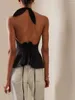 Kvinntankar 2024 Summer Sexig modetankstoppar Solid Color Sleeveless Open Back Halter Neck Ruched