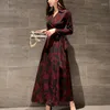 Casual Dresses Plus Size Print Floral Dress Women Long Sleeve Split Corset Vintage Ladies Autumn Winter Robe Longue Femme