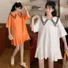 COREAN STYLE PLUS TAILLE Coton Robes de maternité Tempérament à manches courtes T-shirt Summer Navy Collier Loose Tide Mother Femmes enceintes Robe