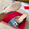 Carré Crystal Backle Mule Femmes Designer Sandales Blue Denim Mules Slide Slippers 4,5 cm Brock Talons Slip Chaussures Summer Beach Splipper Fashion Luxury Bijoux Sandale