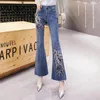 Женские джинсы Женские цветочные вышивка повседневная для женщин одежда для девочек мода с высокой талией джинсовые брюки Женская одежда BPAY1032