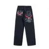 Skull American brodé jean décontracté lâche Broidered Baggy Jeans denim hommes femmes Goth High Wide large pantalon y2k Pantalon 240430