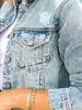 Long Sleeve Cropped Denim Jacket Blue Ripped Button Closure Distressed Flap Pockets Coats Womens Clothing 240423