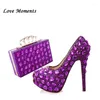 Kleedschoenen Aankomst Purple Crystal Woman Wedding en tassen Sets High Heel Platform Women Party Clutches