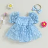 Rompers Baby Clothing Girl Girl Princess Bodys Robe 3D Flower Puff Short Sleeve Tulle Tutu avec bande de bande H240507